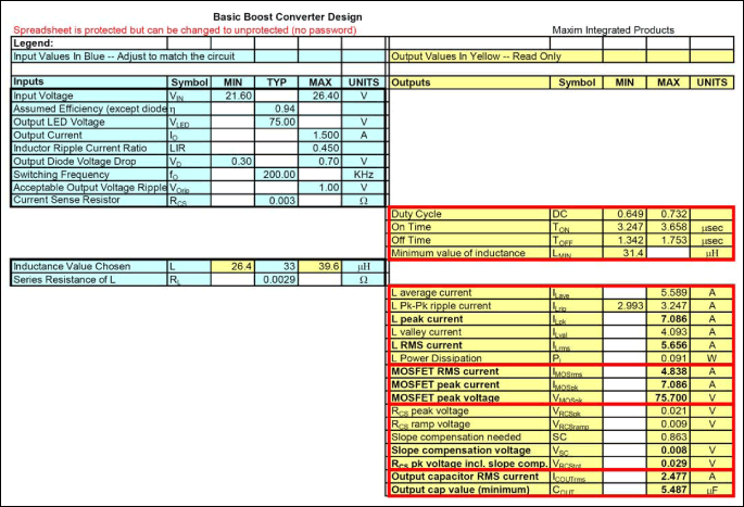 圖5. 設(shè)計表格提供了MOSFET和電感的峰值電流和RMS電流。欲索取設(shè)計表格，請聯(lián)系Maxim在當?shù)劁N售機構(gòu)。