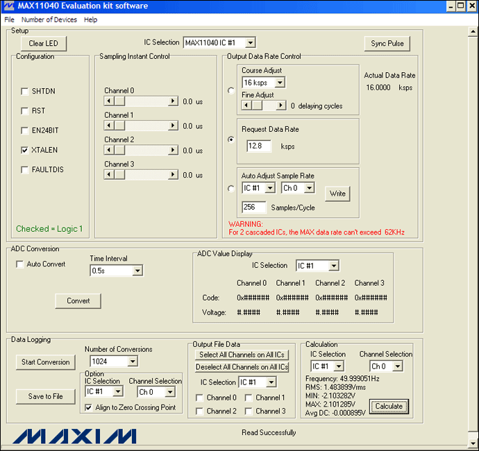 Figure 4. The MAX11040EVKIT GUI allows the user to easily set various measurement conditions: 12.8ksps, 256 samples/cycle, and 1024 conversions. In addition, the calculation section of the GUI provides a convenient tool for performing quick engineering calculations.