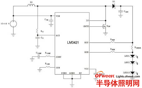 使用LM3421的升壓穩(wěn)壓器驅動10個LED