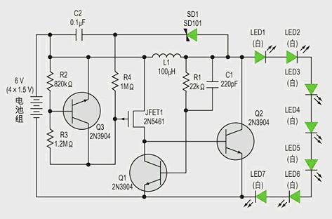 調(diào)節(jié)7個白光LED串亮度的低成本電感型升壓電路