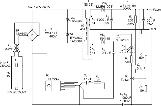 图415v,30w精密开关电源的电路