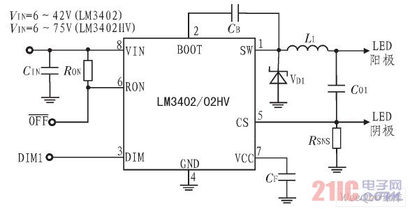 LM3402的典型應用電路示意圖