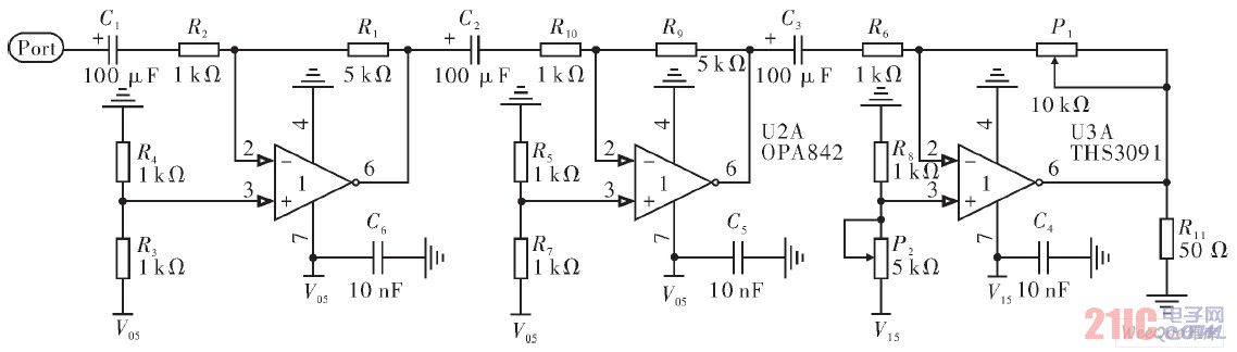基于OPA820和THS3091芯片设计的三级放大电路