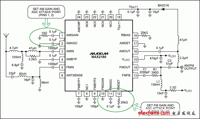 圖2. 采用MAX2180的單天線解決方案應用原理圖。