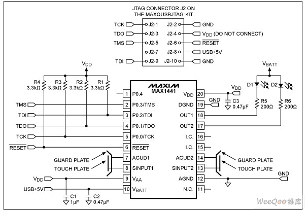 連接MAX1441應(yīng)用電路與MAXQUSBJTAG-KIT板的JTAG接口