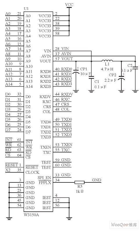 W3150A+與FPGA的接口電路