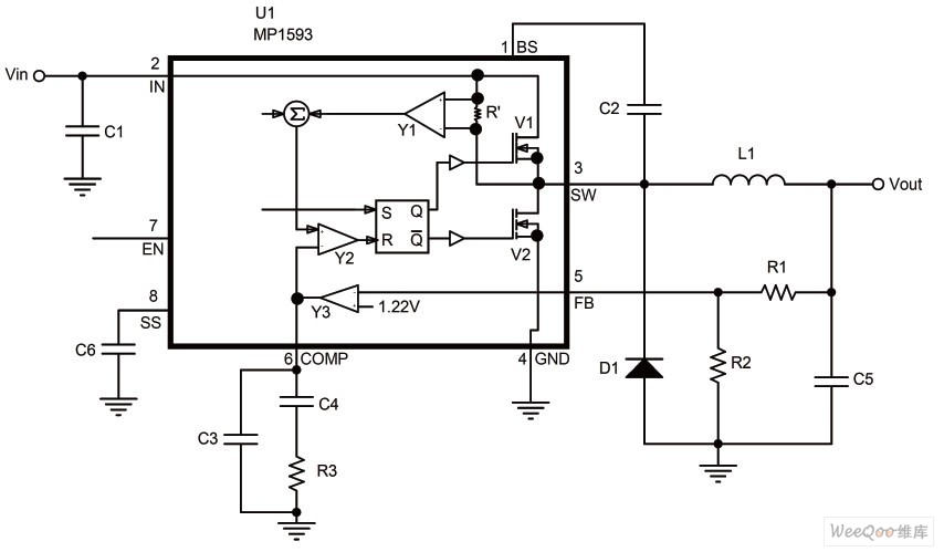 MP1593 典型的外部應用電路及部分內部原理圖