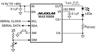 圖1. 350mA線性HB LED驅(qū)動(dòng)器IC MAX16806能夠省去微控制器或開(kāi)關(guān)模式轉(zhuǎn)換器