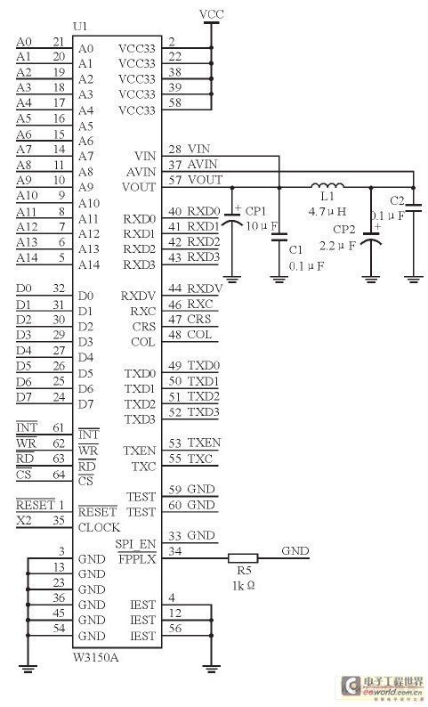 W3150A+与FPGA的接口电路