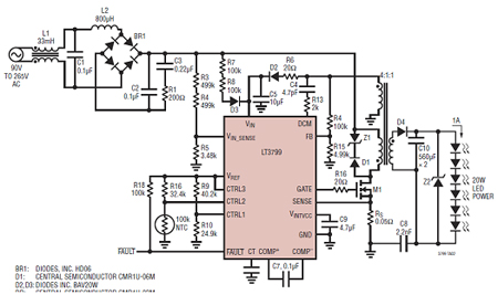 采用了 LT3799 并具 PFC 和 TRIAC 調光的通用輸入、隔離型反激式 LED 控制器電路