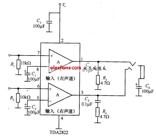 TDA2822用于立體聲耳機的應用電路