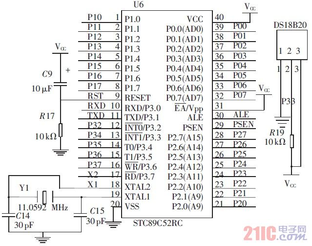 圖2 STC89C52RC 微控制器模塊和DS18B20 的連接電路圖