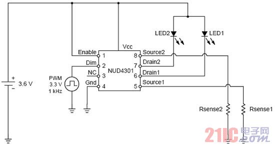 采用线性稳压器NUD4301做为推动小型LCD面板背光的两颗LED驱动电路