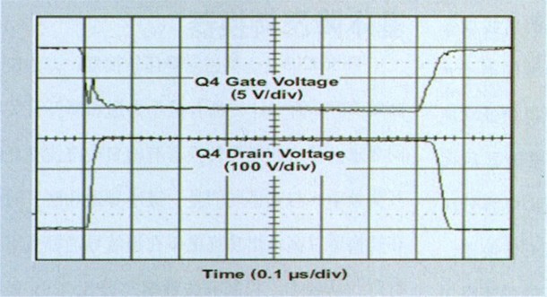 圖 3 一個(gè)開(kāi)關(guān)周期的Q4柵極和漏極電壓