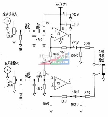 3V供电的耳机放大器电路图AD822 Headphone amplifier