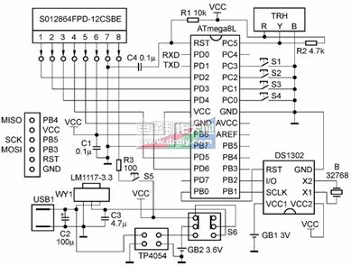 使用無(wú)字庫(kù)12864液晶模塊制作溫濕度計(jì)電路圖Digital Thermometer