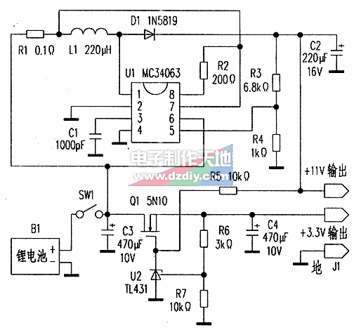 單鋰電尋星儀電源電路圖MC34063 STEP UP CONVERTER