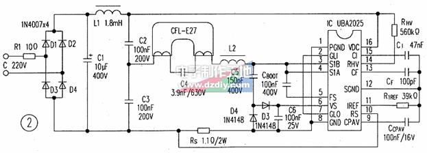 采用UBA2025功率Ic的23w節(jié)能燈鎮(zhèn)流器電路圖UBA2025 CFL Ballast