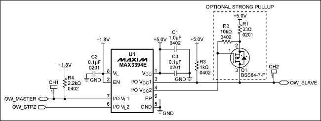 圖1. 1-Wire雙向電平(1.8V至5V)轉(zhuǎn)換器電路原理圖，注意，引腳I/O VL和I/O VCC具有10kΩ內(nèi)部上拉。