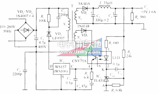 WS157構成的+12V/0.5A單片開關穩壓電源電路圖WS157 power supply