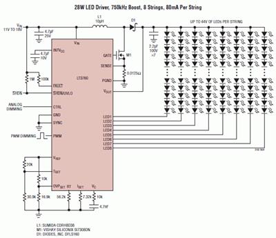 采用 LT3760、效率為 90% 的 28W LED 背光照明電路