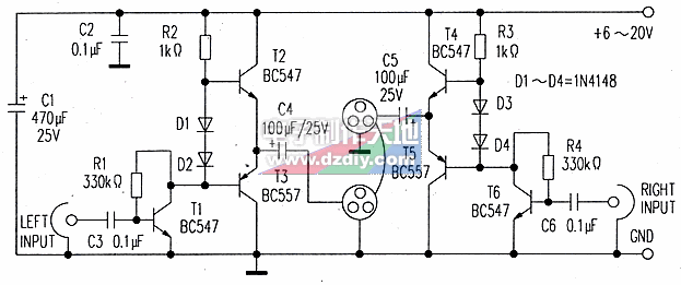 晶体管耳机放大器电路图Transistor headphone amplifier