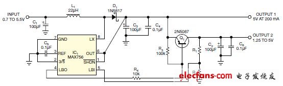 图2,用这个升压转换器IC的LBI与LBO引脚，可以产生低压差的第二输出电压。