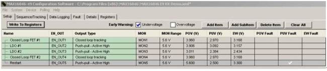 图 2. MAX16046EVKIT设置表，GUI显示了MON5欠压被置为关键故障。