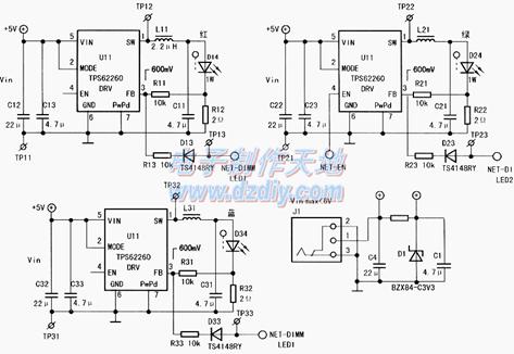 可调亮度的三基色LED照明灯电路图TPS62260 LED driver