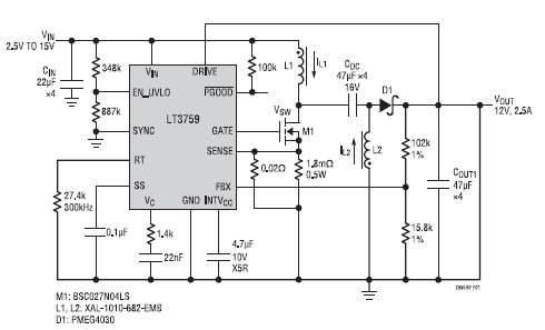 圖 1：SEPIC 轉換器可從 2.5V 至 15V 輸入產(chǎn)生 12V 輸出