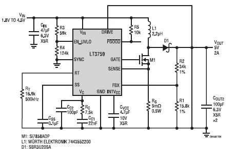 圖 4：升壓型轉換器可從 1.8V~ 4.5V 輸入產(chǎn)生 5V/2A 輸出