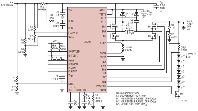 圖 1，效率為98%、功率為50W (25V、2A)的降壓-升壓型LED驅(qū)動(dòng)器具50:1的調(diào)光比。