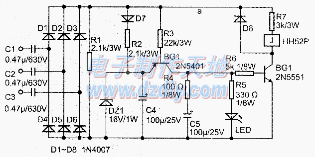 自制缺相保护控制器电路图Motor phase-loss protector