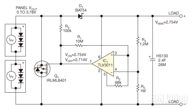 圖3,，如果能量源的開(kāi)路電壓大于超級(jí)電容的電壓，則超級(jí)電容需要采用分流穩(wěn)壓器做過(guò)壓保護(hù),。