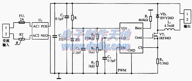 XLT604給LED燈串應(yīng)用電路，可用于LED日光燈。