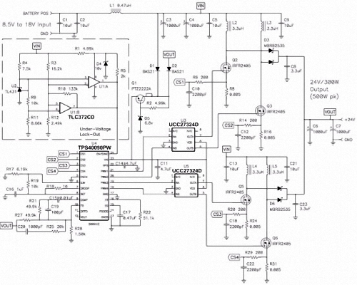 TI 的TPS40090 多相降壓控制器的 4 相、300W 升壓電源