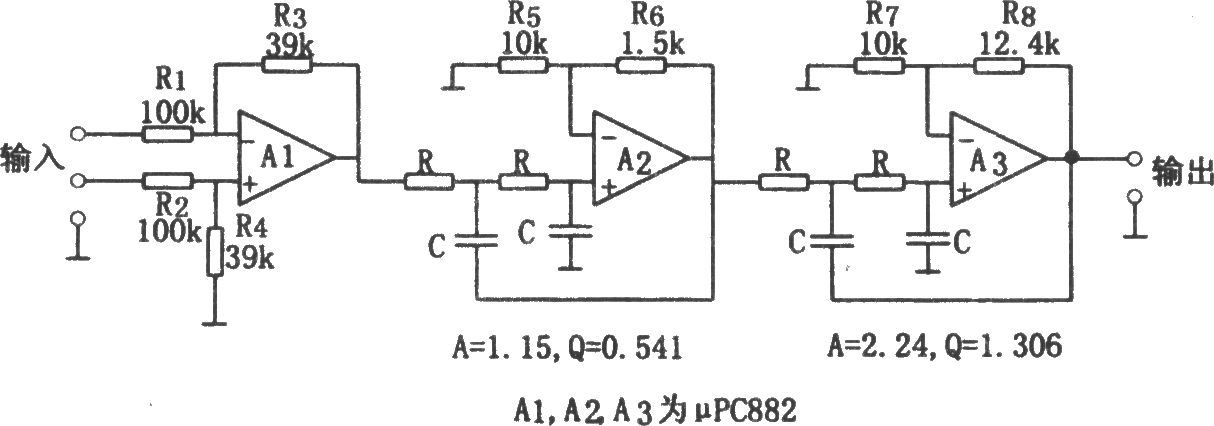 用相同参数构成的每倍频程24db低通滤波器(μpc882-电路图-aet-中国