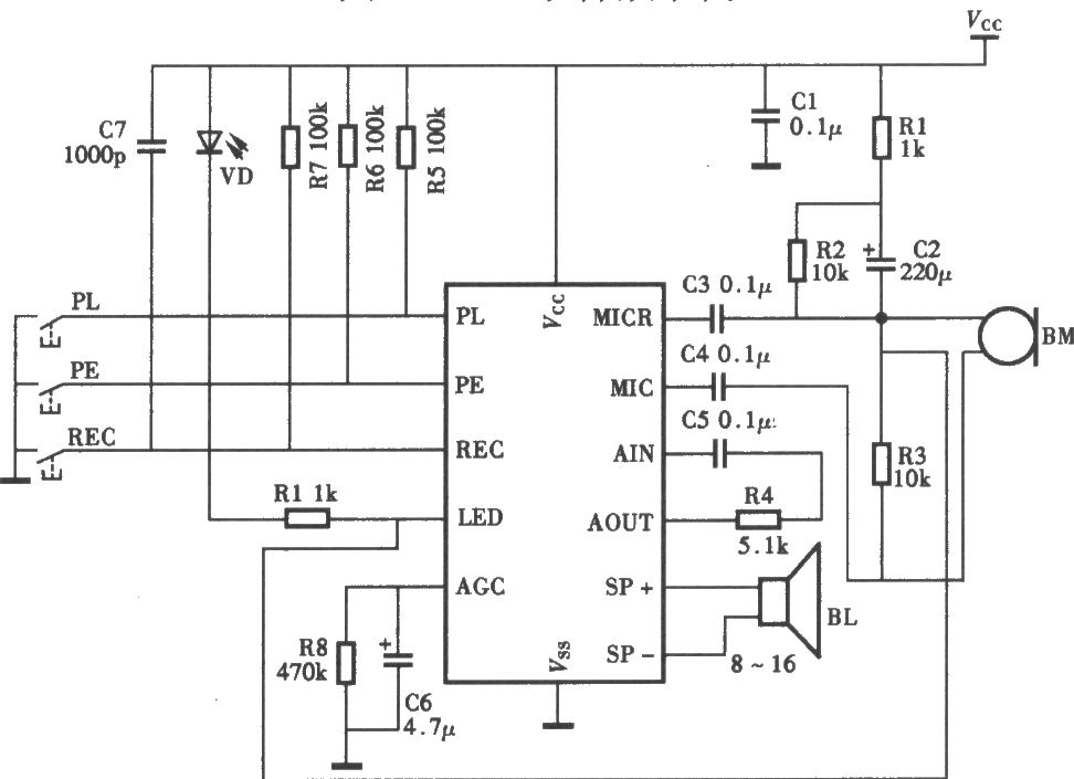 采用ml1020的录音喊话器电路