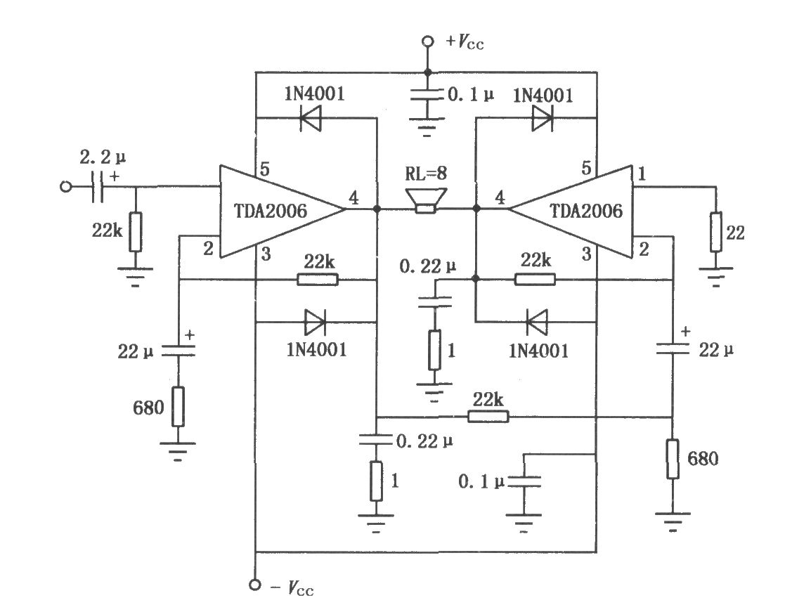 10w音頻功率放大器tda2006的btl應用電路